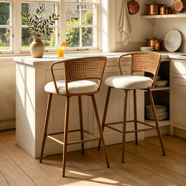 English Elm Barstools Set of 2 Woven Rattan Back Linen Seat Mid-century Boho Kitchen Island W3590P510325