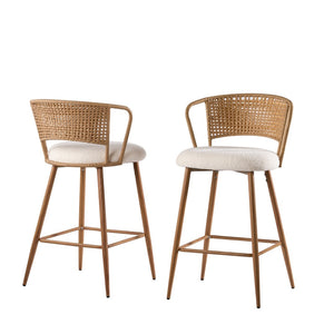 English Elm Barstools Set of 2 Woven Rattan Back Linen Seat Mid-century Boho Kitchen Island W3590P510325