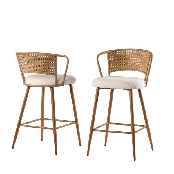 English Elm Barstools Set of 2 Woven Rattan Back Linen Seat Mid-century Boho Kitchen Island W3590P510325