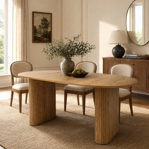 English Elm 70.8 Inch Oval Dining Table Seats 6 Wood Grain MDF Top Slatted Base Modern Farmhouse W3590P534626
