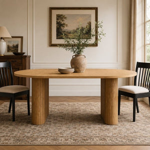 English Elm 70.8 Inch Oval Dining Table Seats 6 Wood Grain MDF Top Slatted Base Modern Farmhouse W3590P534626