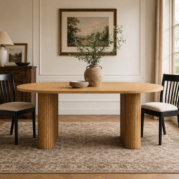 English Elm 70.8 Inch Oval Dining Table Seats 6 Wood Grain MDF Top Slatted Base Modern Farmhouse W3590P534626