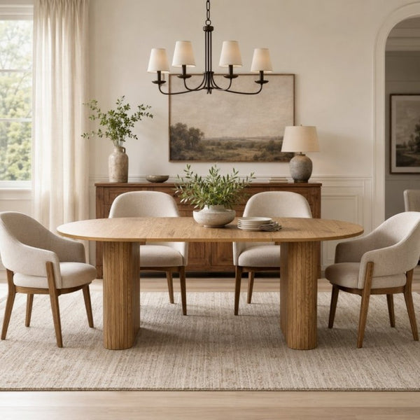 English Elm 70.8 Inch Oval Dining Table Seats 6 Wood Grain MDF Top Slatted Base Modern Farmhouse W3590P534626