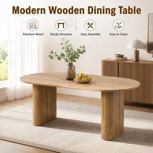 English Elm 70.8 Inch Oval Dining Table Seats 6 Wood Grain MDF Top Slatted Base Modern Farmhouse W3590P534626