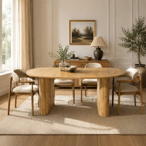 English Elm 70.8 Inch Oval Dining Table Seats 6 Wood Grain MDF Top Slatted Base Modern Farmhouse W3590P534626