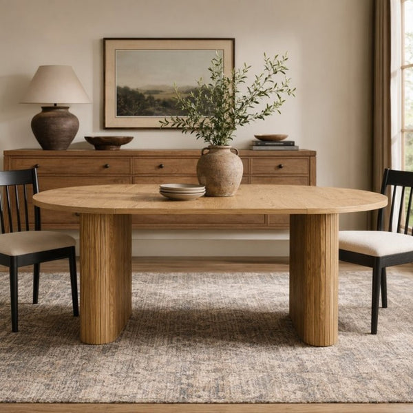 English Elm 70.8 Inch Oval Dining Table Seats 6 Wood Grain MDF Top Slatted Base Modern Farmhouse W3590P534626