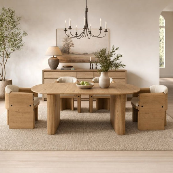 English Elm 70.8 Inch Oval Dining Table Seats 6 Wood Grain MDF Top Slatted Base Modern Farmhouse W3590P534626