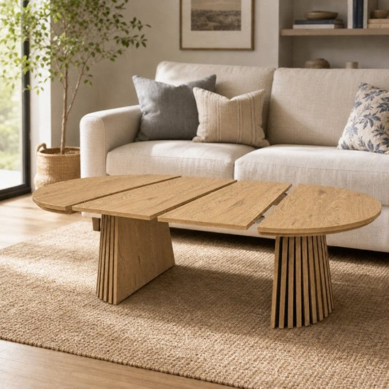English Elm Wooden Extendable Oval Coffee Table with Slatted Legs for Modern Living Rooms W3590P535028