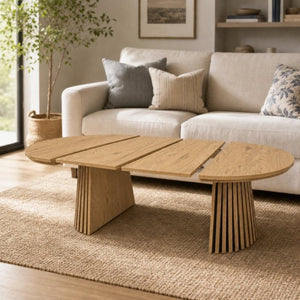 English Elm Wooden Extendable Oval Coffee Table with Slatted Legs for Modern Living Rooms W3590P535028