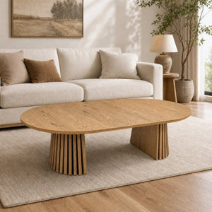 English Elm Wooden Extendable Oval Coffee Table with Slatted Legs for Modern Living Rooms W3590P535028