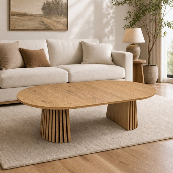 English Elm Wooden Extendable Oval Coffee Table with Slatted Legs for Modern Living Rooms W3590P535028