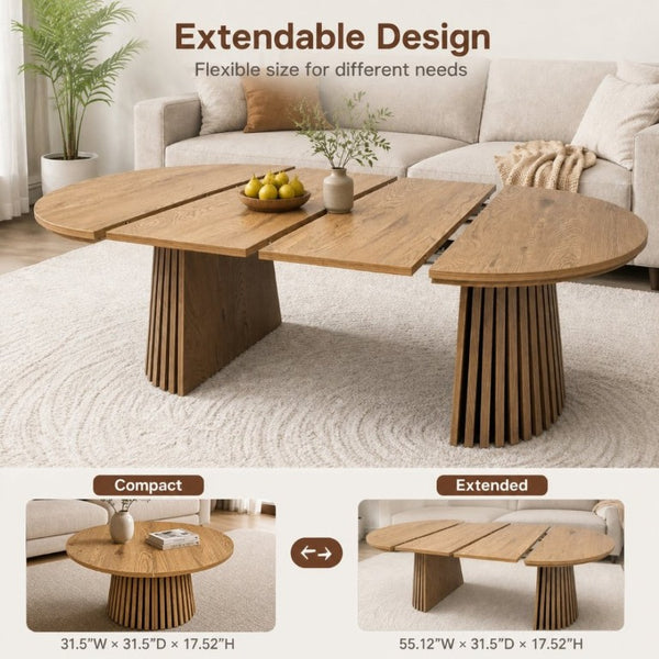 English Elm Wooden Extendable Oval Coffee Table with Slatted Legs for Modern Living Rooms W3590P535028