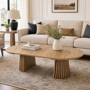 English Elm Wooden Extendable Oval Coffee Table with Slatted Legs for Modern Living Rooms W3590P535028