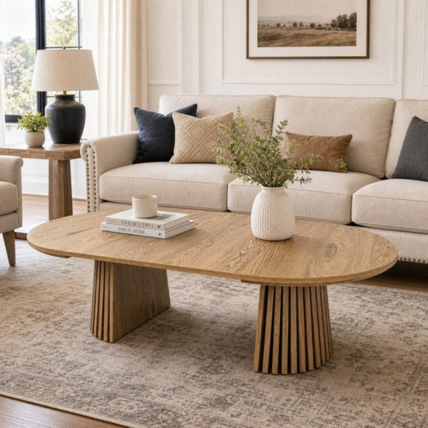 English Elm Wooden Extendable Oval Coffee Table with Slatted Legs for Modern Living Rooms W3590P535028