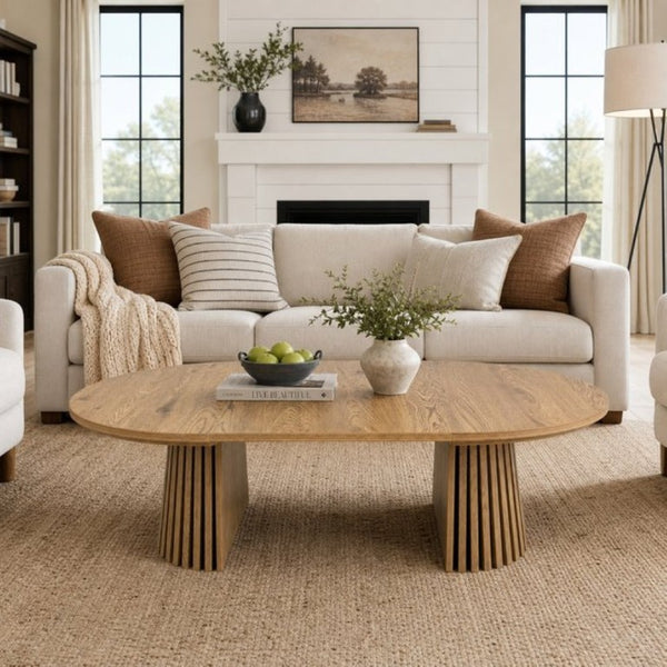 English Elm Wooden Extendable Oval Coffee Table with Slatted Legs for Modern Living Rooms W3590P535028