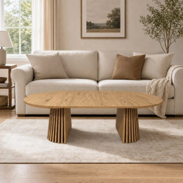 English Elm Wooden Extendable Oval Coffee Table with Slatted Legs for Modern Living Rooms W3590P535028