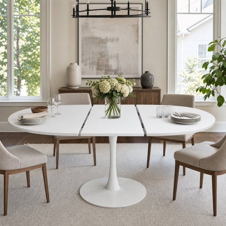 English Elm 57.87 Inch White Extendable Round Tulip Pedestal Dining Table Seats Six MDF Top W3590P536697