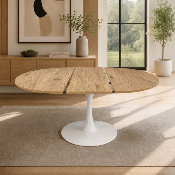 English Elm 57.87Round Extendable Tulip Pedestal Dining Table Seats Six Mid-Century MDF Top W3590P536702