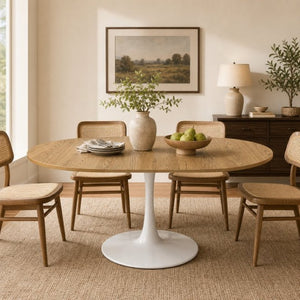 English Elm 57.87Round Extendable Tulip Pedestal Dining Table Seats Six Mid-Century MDF Top W3590P536702