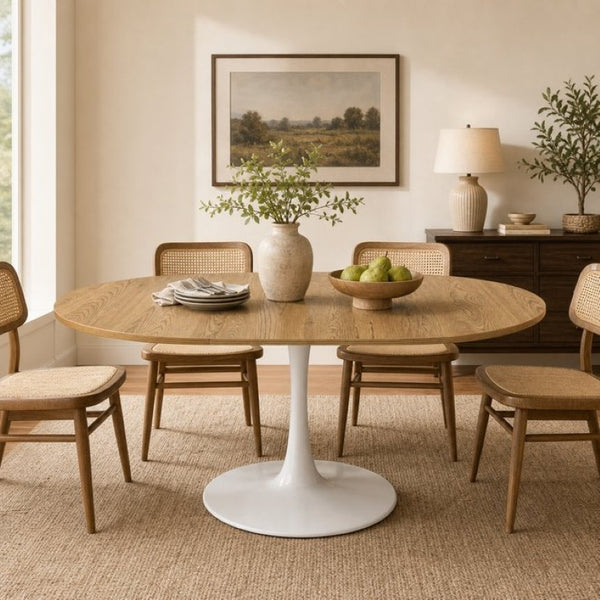 English Elm 57.87Round Extendable Tulip Pedestal Dining Table Seats Six Mid-Century MDF Top W3590P536702