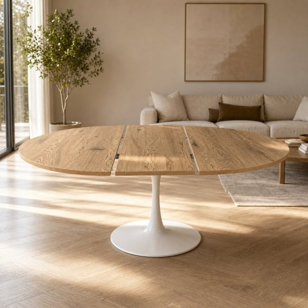 English Elm 57.87Round Extendable Tulip Pedestal Dining Table Seats Six Mid-Century MDF Top W3590P536702