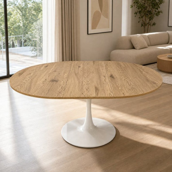 English Elm 57.87Round Extendable Tulip Pedestal Dining Table Seats Six Mid-Century MDF Top W3590P536702