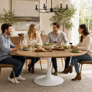 English Elm 57.87Round Extendable Tulip Pedestal Dining Table Seats Six Mid-Century MDF Top W3590P536702