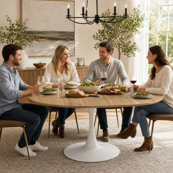 English Elm 57.87Round Extendable Tulip Pedestal Dining Table Seats Six Mid-Century MDF Top W3590P536702