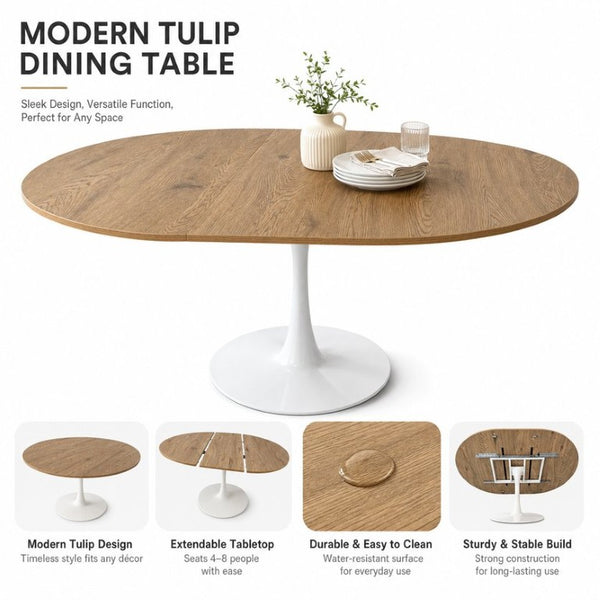 English Elm 57.87Round Extendable Tulip Pedestal Dining Table Seats Six Mid-Century MDF Top W3590P536702