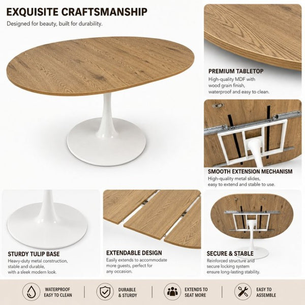 English Elm 57.87Round Extendable Tulip Pedestal Dining Table Seats Six Mid-Century MDF Top W3590P536702