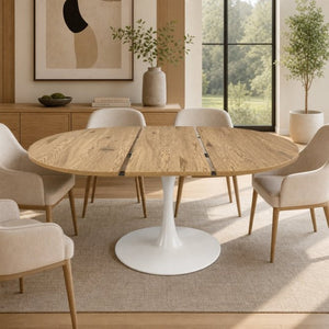 English Elm 57.87Round Extendable Tulip Pedestal Dining Table Seats Six Mid-Century MDF Top W3590P536702