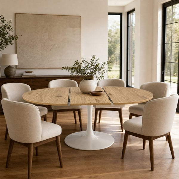 English Elm 57.87Round Extendable Tulip Pedestal Dining Table Seats Six Mid-Century MDF Top W3590P536702