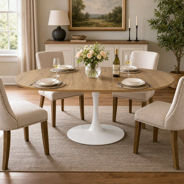 English Elm 57.87Round Extendable Tulip Pedestal Dining Table Seats Six Mid-Century MDF Top W3590P536702