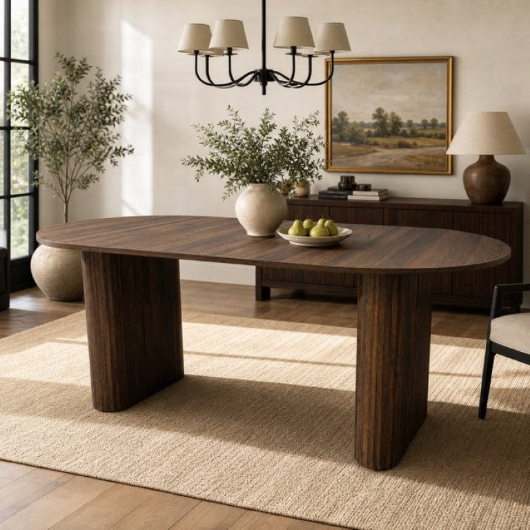 English Elm 70.8 Inch Oval Dining Table Seats 8 Modern Farmhouse Walnut MDF Top Sculpted Base W3590P536708