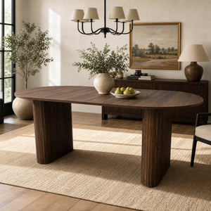 English Elm 70.8 Inch Oval Dining Table Seats 8 Modern Farmhouse Walnut MDF Top Sculpted Base W3590P536708