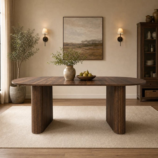 English Elm 70.8 Inch Oval Dining Table Seats 8 Modern Farmhouse Walnut MDF Top Sculpted Base W3590P536708