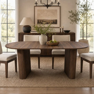 English Elm 70.8 Inch Oval Dining Table Seats 8 Modern Farmhouse Walnut MDF Top Sculpted Base W3590P536708