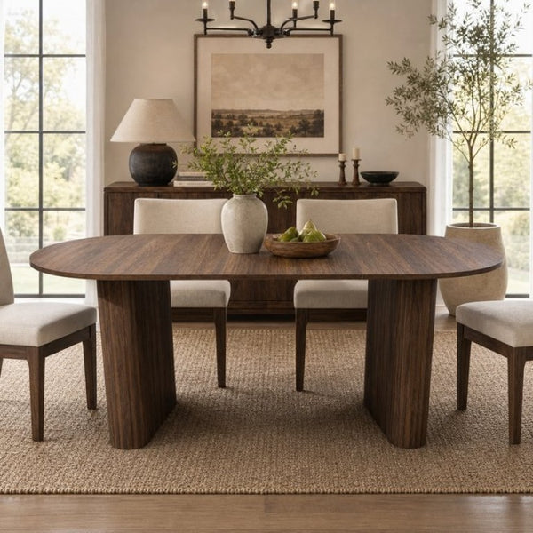 English Elm 70.8 Inch Oval Dining Table Seats 8 Modern Farmhouse Walnut MDF Top Sculpted Base W3590P536708