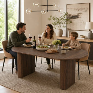 English Elm 70.8 Inch Oval Dining Table Seats 8 Modern Farmhouse Walnut MDF Top Sculpted Base W3590P536708