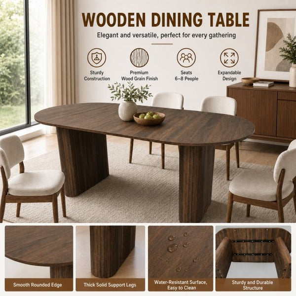 English Elm 70.8 Inch Oval Dining Table Seats 8 Modern Farmhouse Walnut MDF Top Sculpted Base W3590P536708