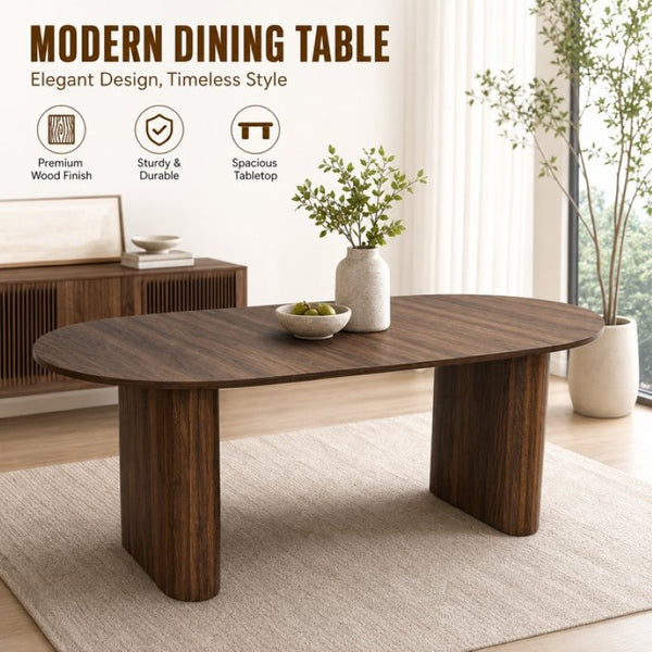 English Elm 70.8 Inch Oval Dining Table Seats 8 Modern Farmhouse Walnut MDF Top Sculpted Base W3590P536708