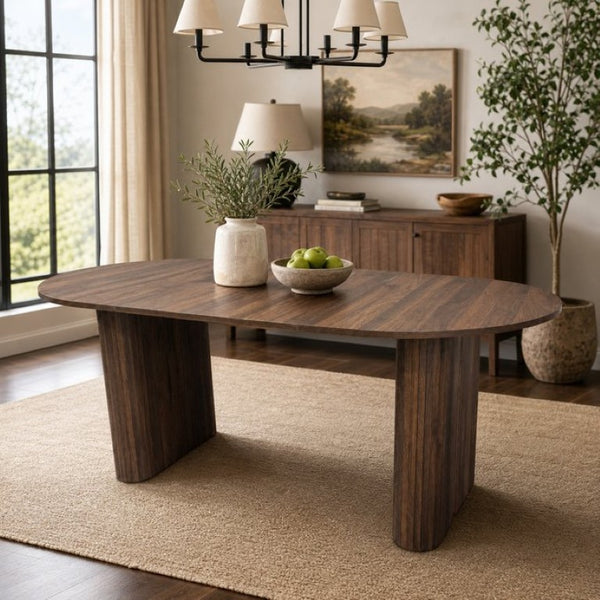 English Elm 70.8 Inch Oval Dining Table Seats 8 Modern Farmhouse Walnut MDF Top Sculpted Base W3590P536708
