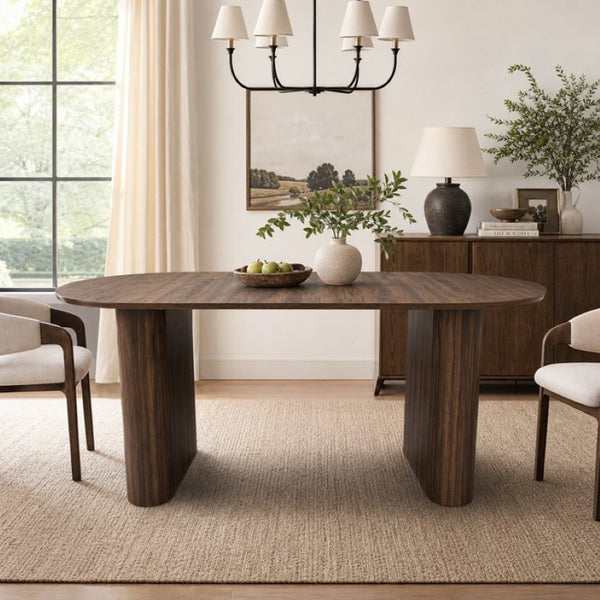 English Elm 70.8 Inch Oval Dining Table Seats 8 Modern Farmhouse Walnut MDF Top Sculpted Base W3590P536708