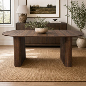 English Elm 70.8 Inch Oval Dining Table Seats 8 Modern Farmhouse Walnut MDF Top Sculpted Base W3590P536708