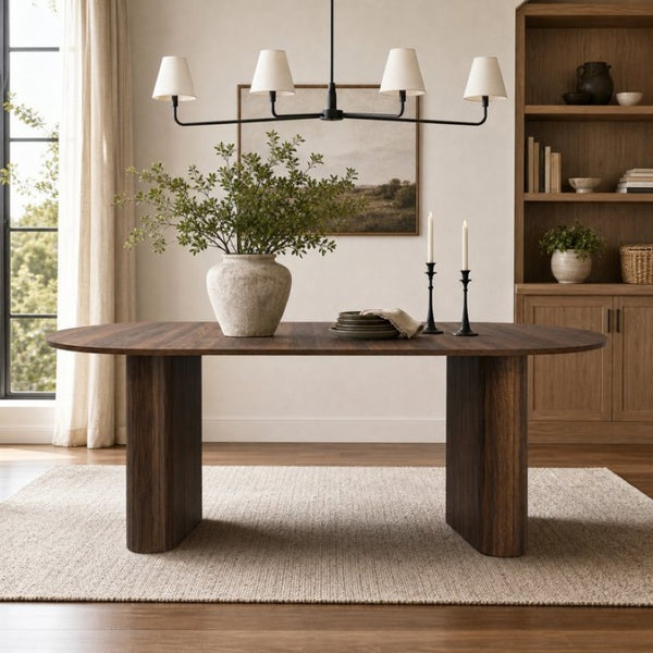English Elm 70.8 Inch Oval Dining Table Seats 8 Modern Farmhouse Walnut MDF Top Sculpted Base W3590P536708