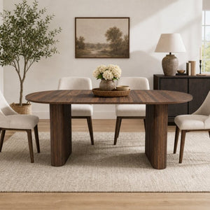 English Elm 70.8 Inch Oval Dining Table Seats 8 Modern Farmhouse Walnut MDF Top Sculpted Base W3590P536708