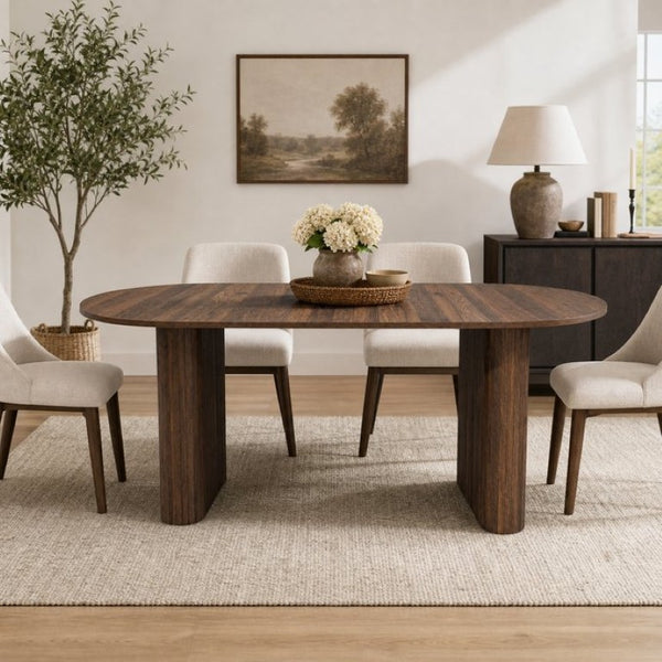 English Elm 70.8 Inch Oval Dining Table Seats 8 Modern Farmhouse Walnut MDF Top Sculpted Base W3590P536708