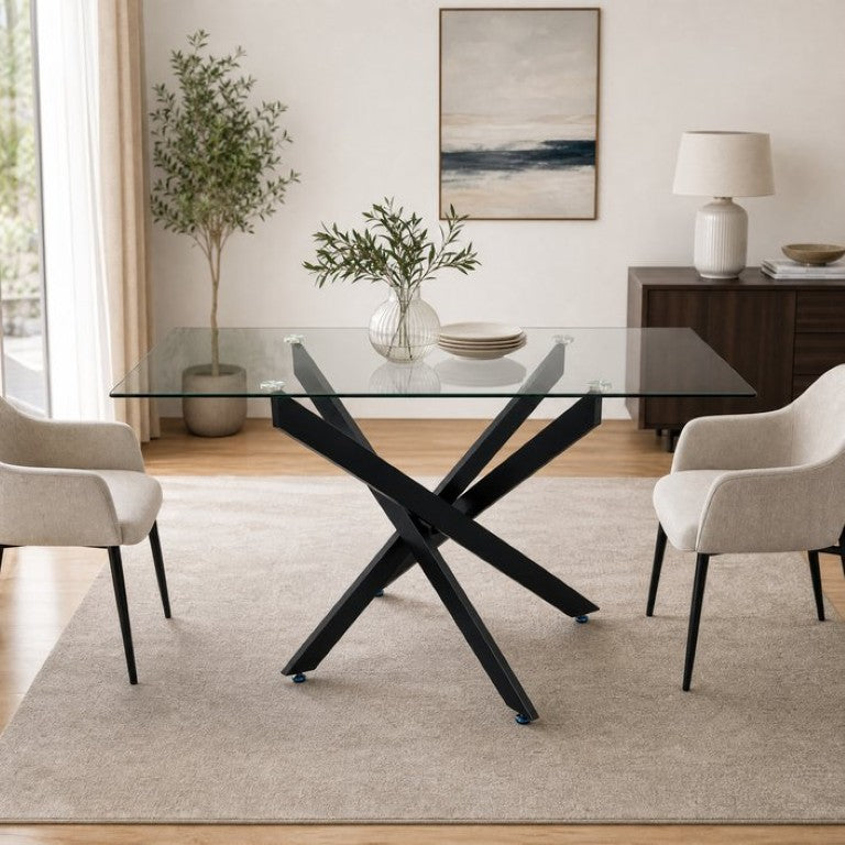 English Elm Modern Rectangular Tempered Glass Dining Table with Matte Black X Base Seats Six W3590P540183