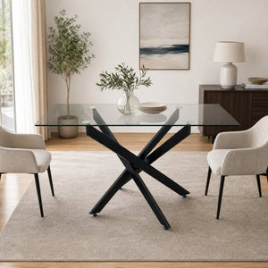 English Elm Modern Rectangular Tempered Glass Dining Table with Matte Black X Base Seats Six W3590P540183