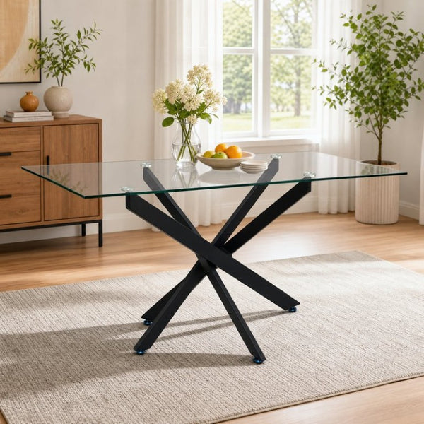 English Elm Modern Rectangular Tempered Glass Dining Table with Matte Black X Base Seats Six W3590P540183